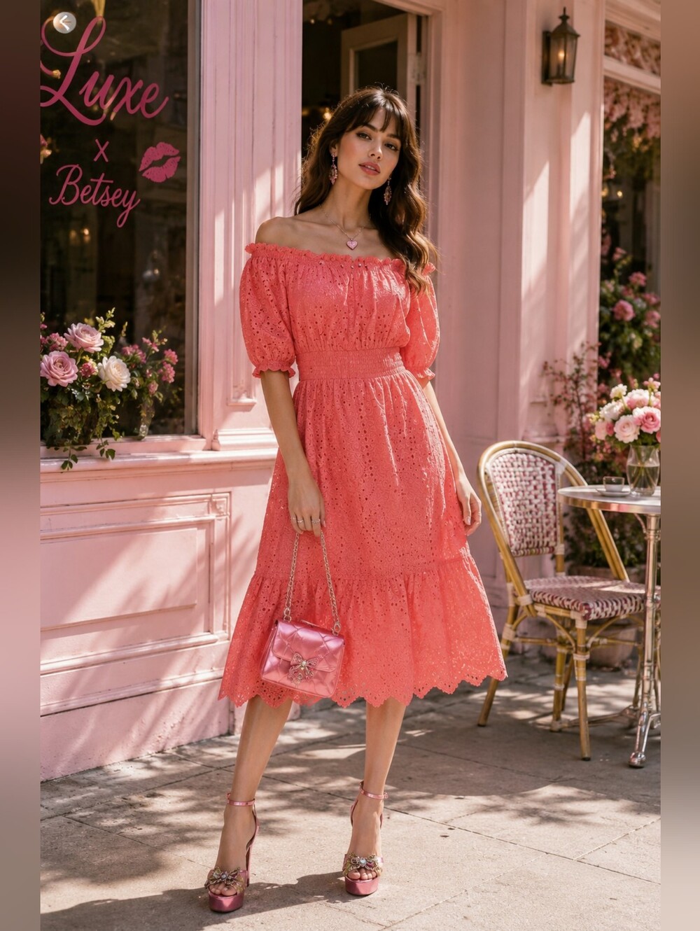 BETSEY JOHNSON Ruffle Off Shoulder Lace Midi Dress LARGE Cotton Eyelet Overlay